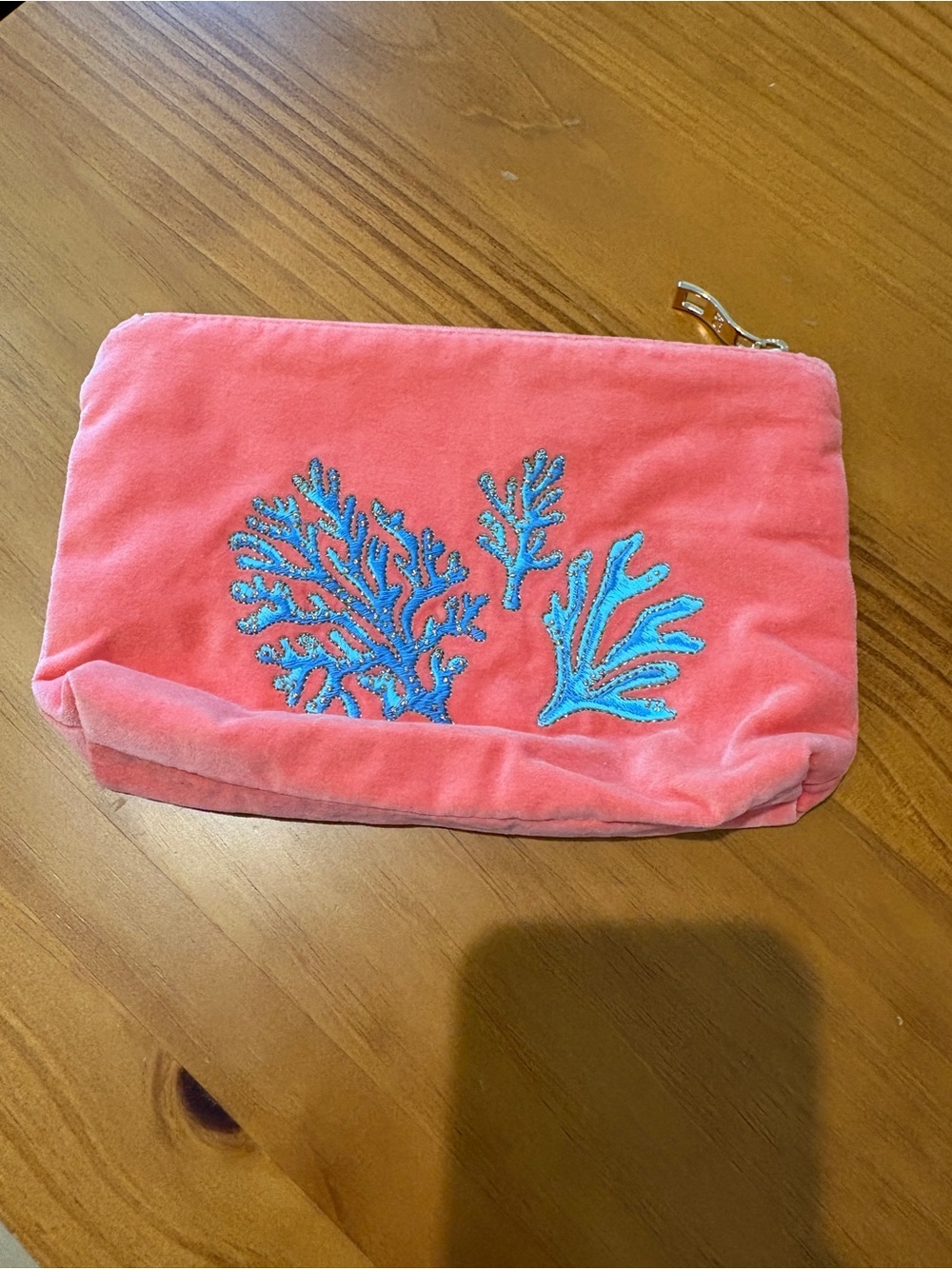Elizabeth Scarlett Coral Reef Velvet Mini Pouch Pink Turquoise Travel Bag 6x9